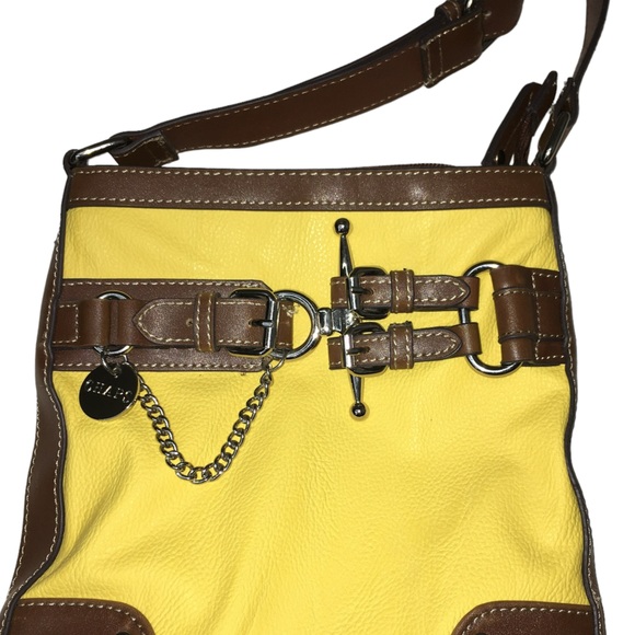 CHAPS Western Yellow Brown Faux Leather Buckles Crossbody Bag - Picture 3 of 13